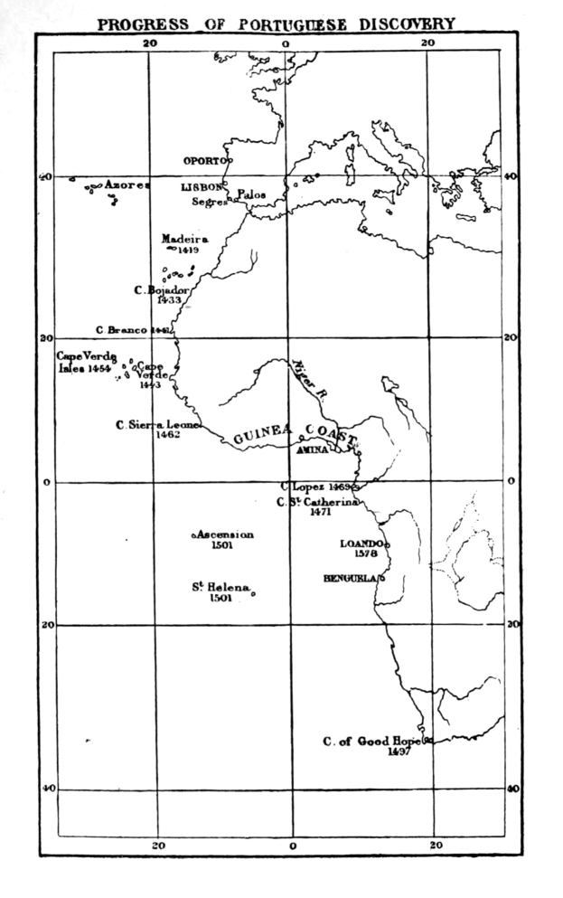Schwarze und weiße Karte der portugiesischen Entdeckungsfortschritte, die geographische Merkmale wie Flüsse, Berge und Städte zeigt, mit beschrifteten Ländern und beschreibendem Text.