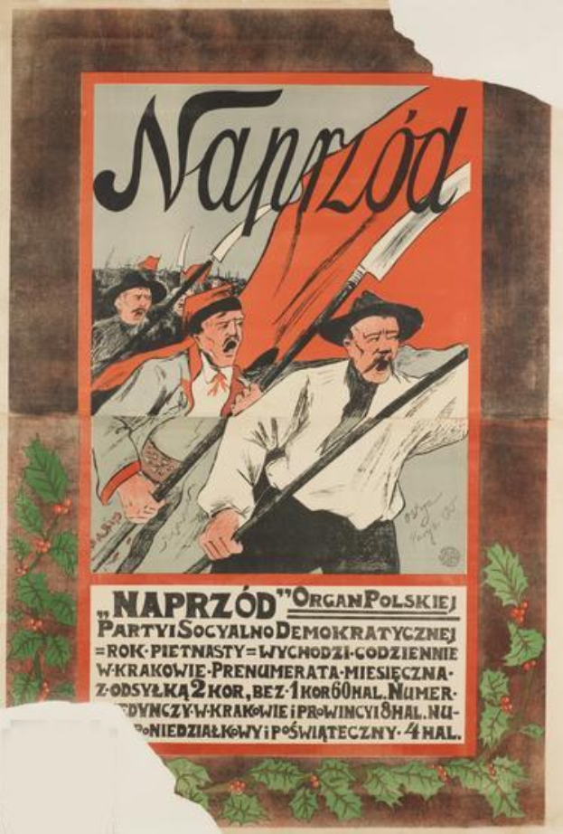 Polnisches Propagandaplakat für die polnische Revolution mit einer zentralen Figur mit menschlichem Gesicht und Text mit Ereignisinformationen.
