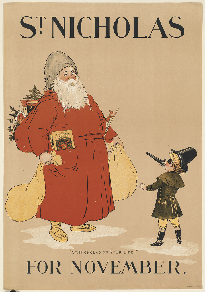 The cover of the book "St Nicholas for November" features Santa Claus and a child.