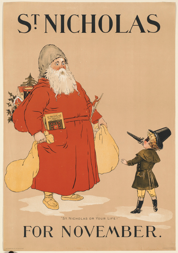 The cover of the book "St Nicholas for November" features Santa Claus and a child.