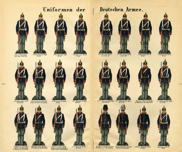 A book displaying a grid of German Army uniforms with varied designs and color schemes, accompanied by text detailing insignia, rank, and other uniform information.