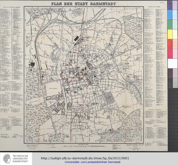 Ein detaillierter alter Stadtplan von Darmstadt, Deutschland, mit Straßen, Gebäuden, Sehenswürdigkeiten und zusätzlichen Informationen.