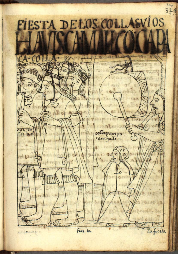 Offenes Buch mit der Aufschrift "Fiesta de los Collasvios Haviscamalco Capa", das eine Illustration von einem Volkstanz mit Menschen in traditioneller mexikanischer Kleidung zeigt, die um einen Trommler tanzen, vor einem hellgelben Hintergrund