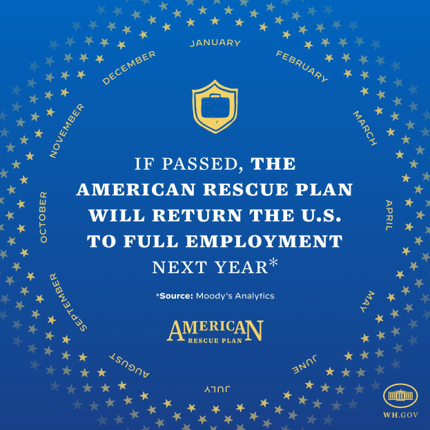 Blauer Plakat mit weißer Schrift und einem Logo mit der Aufschrift "Wenn verabschiedet, wird das American Rescue Plan die USA im nächsten Jahr wieder zur Vollbeschäftigung führen."