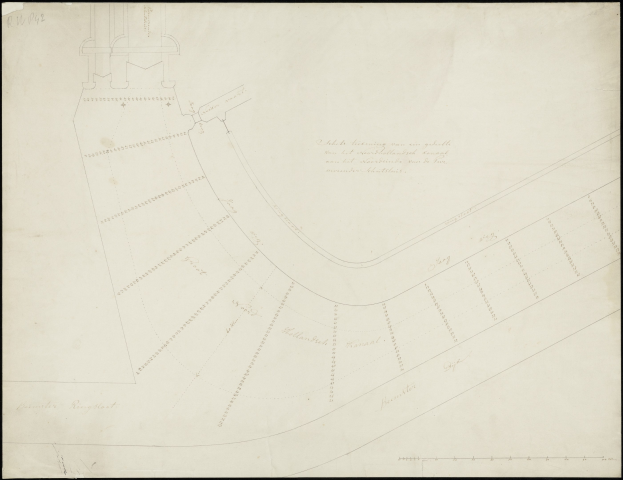 Black and white map drawing of New York City with dense building layouts and handwritten text annotations.