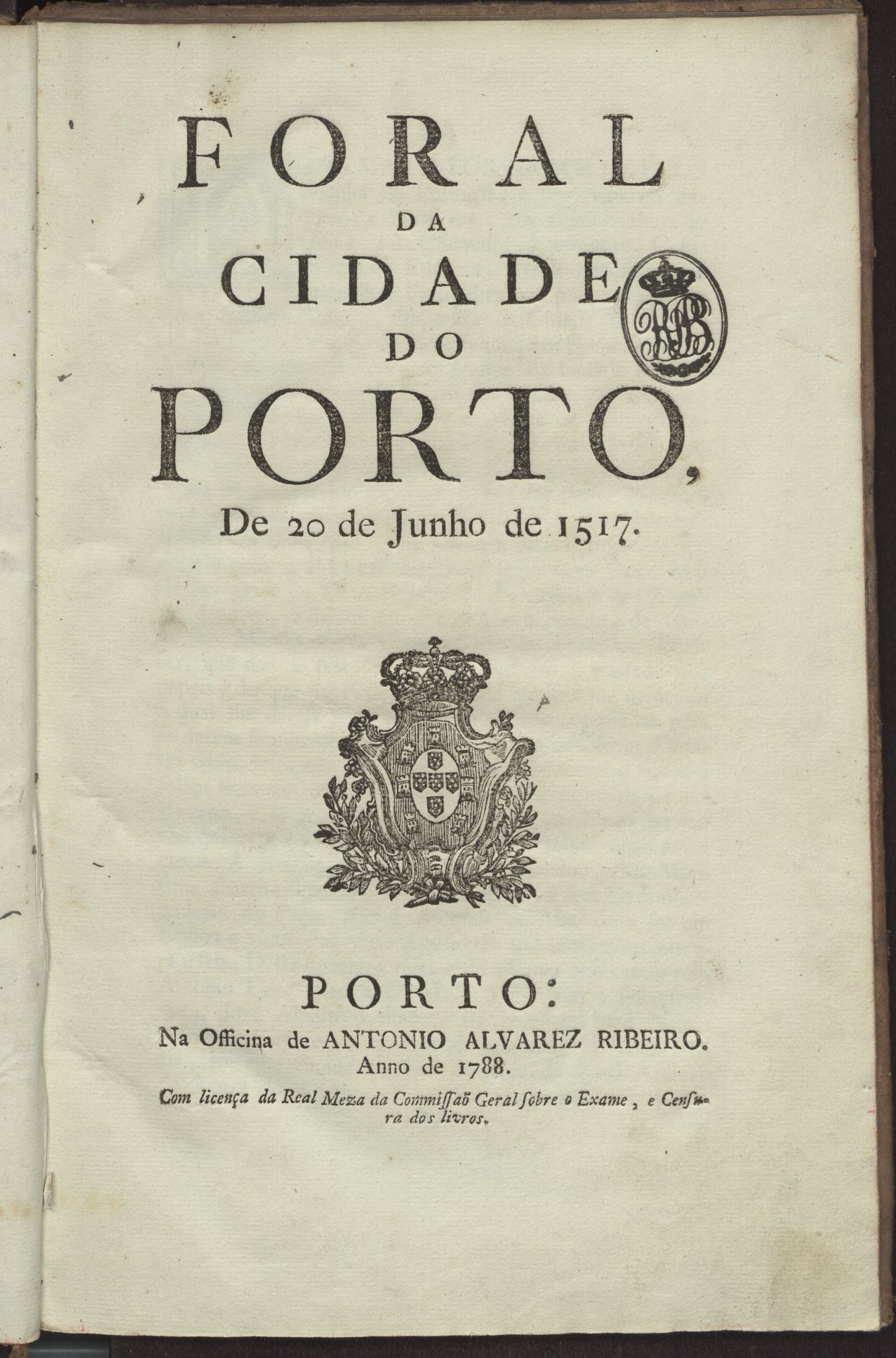 Old book with a black background and a white cover featuring a logo and text reading "Portuguese foral de cidade do porto de 20 de junho de 1517".