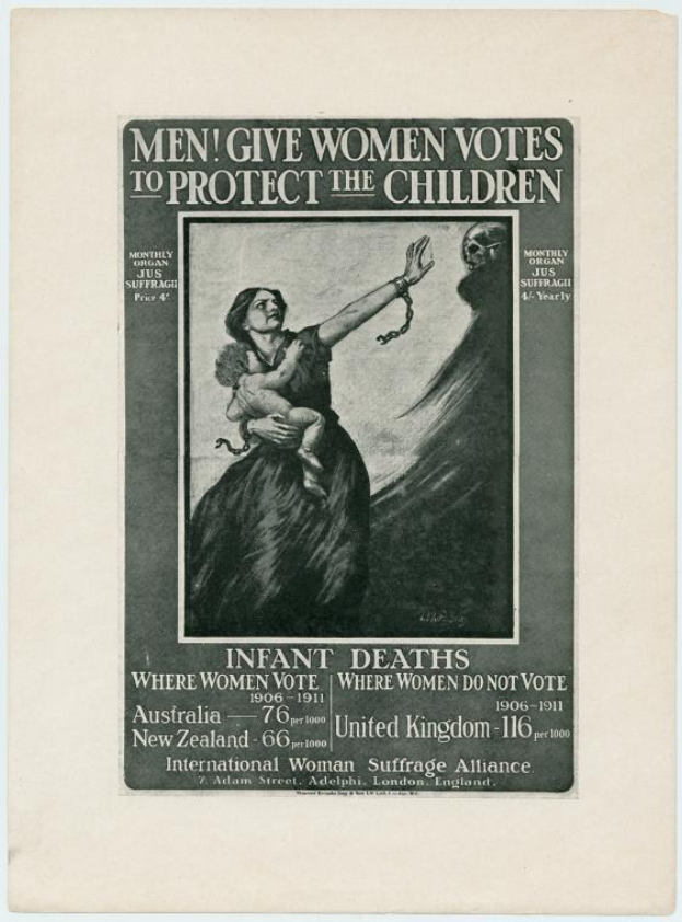 Schwarzes und weißes Plakat mit einer Frau in einem weißen Kleid, die ein Baby hält, mit der Aufschrift "Männer geben Frauen die Stimme, um die Kinder zu schützen" darüber.