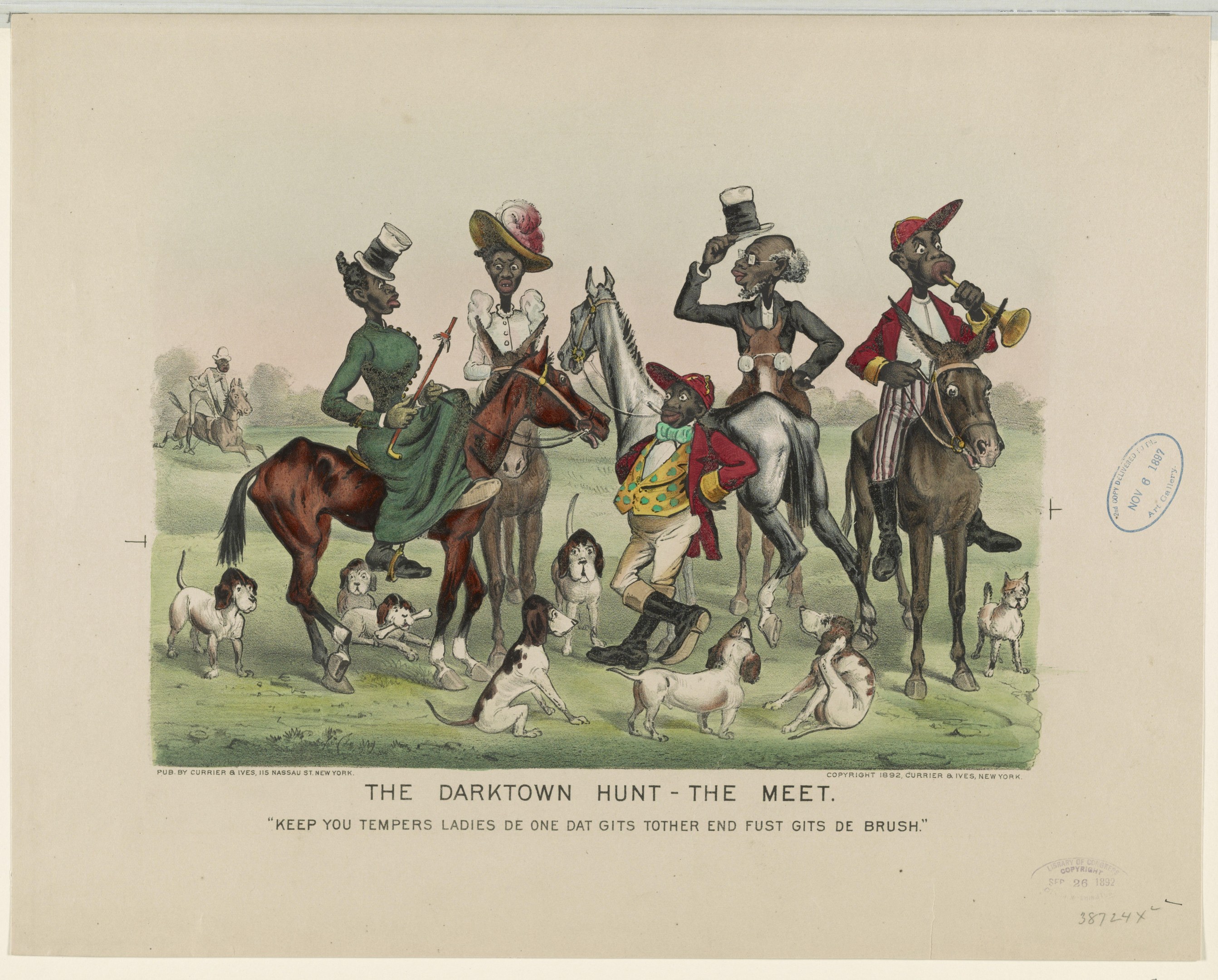 Eine Gruppe von Menschen, die auf Pferden und Hunden in einem Park reiten, mit Bäumen im Hintergrund und dem Text "The Darktown Hunt - The Meet" unten.