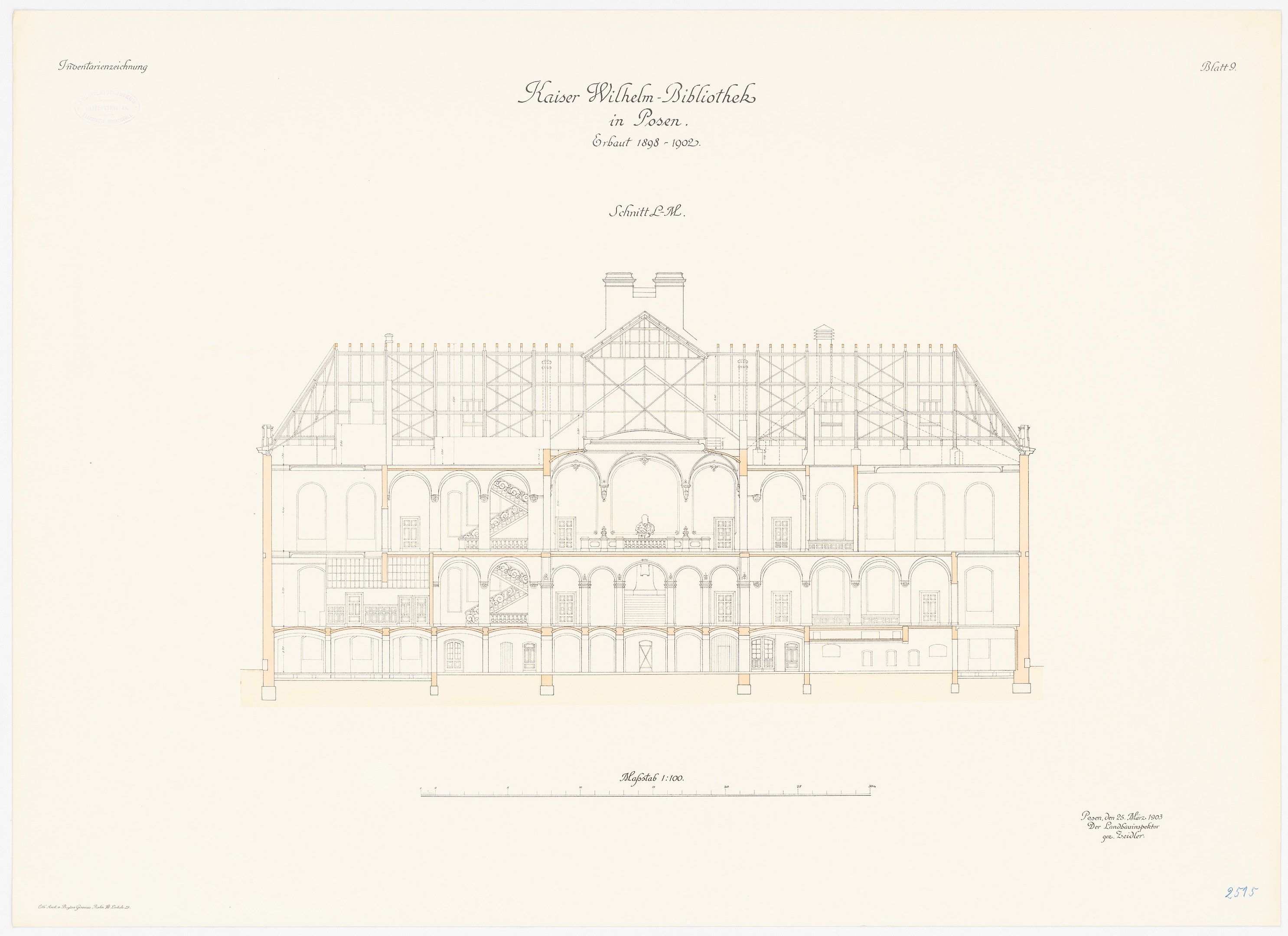 Black and white drawing of the Kaiser Wilhelm Bibliothek in Poznan, a large building with numerous windows, on a piece of paper with handwritten text.