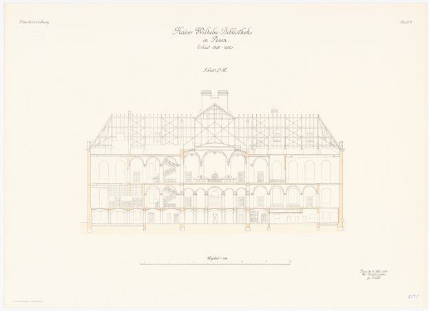 Black and white drawing of the Kaiser Wilhelm Bibliothek in Poznan, a large building with numerous windows, on a piece of paper with handwritten text.