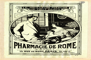 Eine alte Werbung f├╝r eine Apotheke in Rom, die einen Mann und eine Frau zeigt, die nebeneinander stehen, mit Text, der die Apotheke und ihre Dienstleistungen beschreibt.