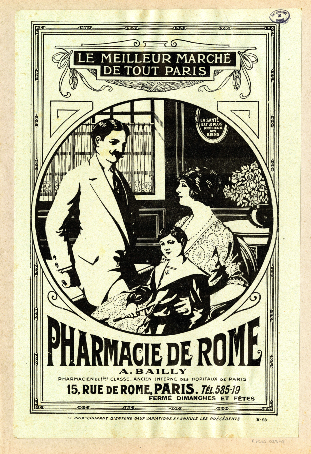 Eine alte Werbung f├╝r eine Apotheke in Rom, die einen Mann und eine Frau zeigt, die nebeneinander stehen, mit Text, der die Apotheke und ihre Dienstleistungen beschreibt.