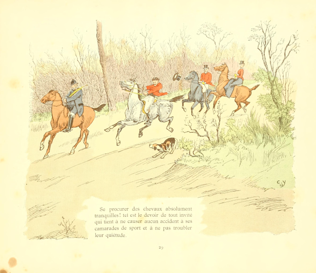 Eine Gruppe von Menschen zu Pferd auf einem Schotterweg, mit einem Hund, der neben ihnen läuft, und Bäumen und Pflanzen im Hintergrund.