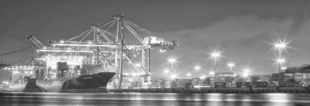 Ein Schiffbauunternehmen mit Metallstrukturen, Laternen, Containern und Schiffen.