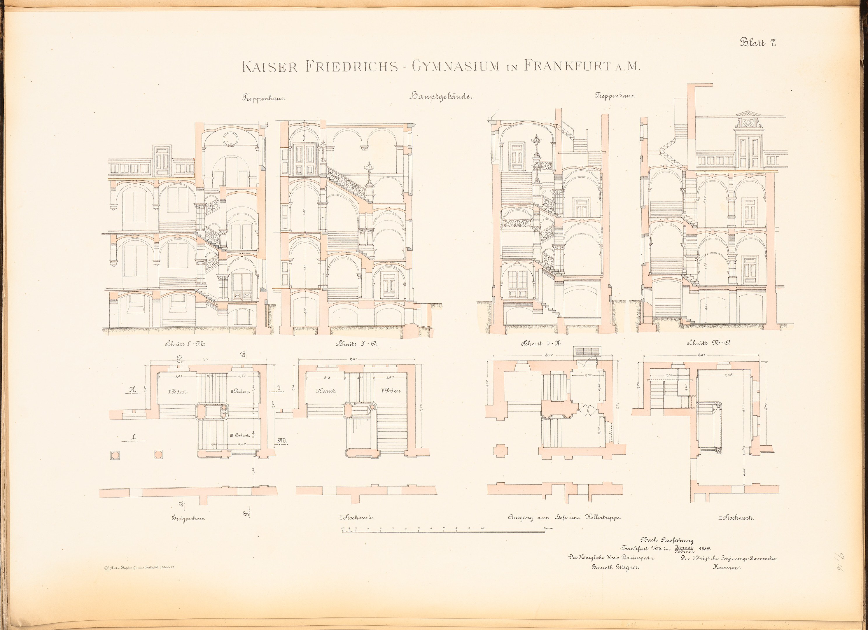A detailed drawing of the Kaiser Friedrichs Gymnasium building in Frankfurt, Germany, on the cover of an old book.