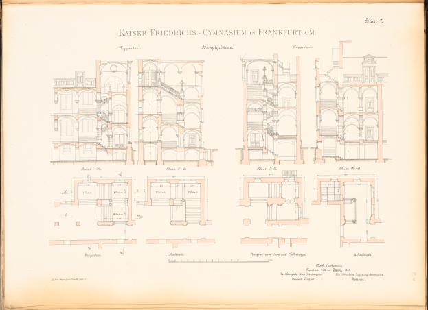 A detailed drawing of the Kaiser Friedrichs Gymnasium building in Frankfurt, Germany, on the cover of an old book.