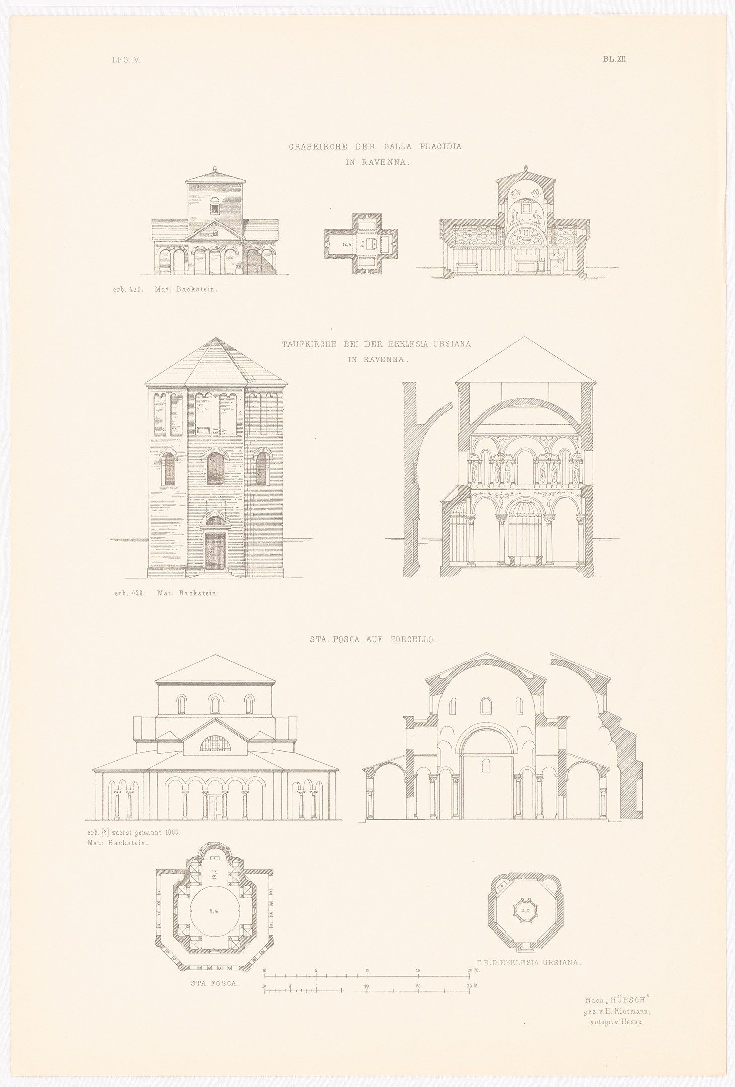 A book page featuring detailed architectural drawings of various buildings, accompanied by descriptive text about their history.