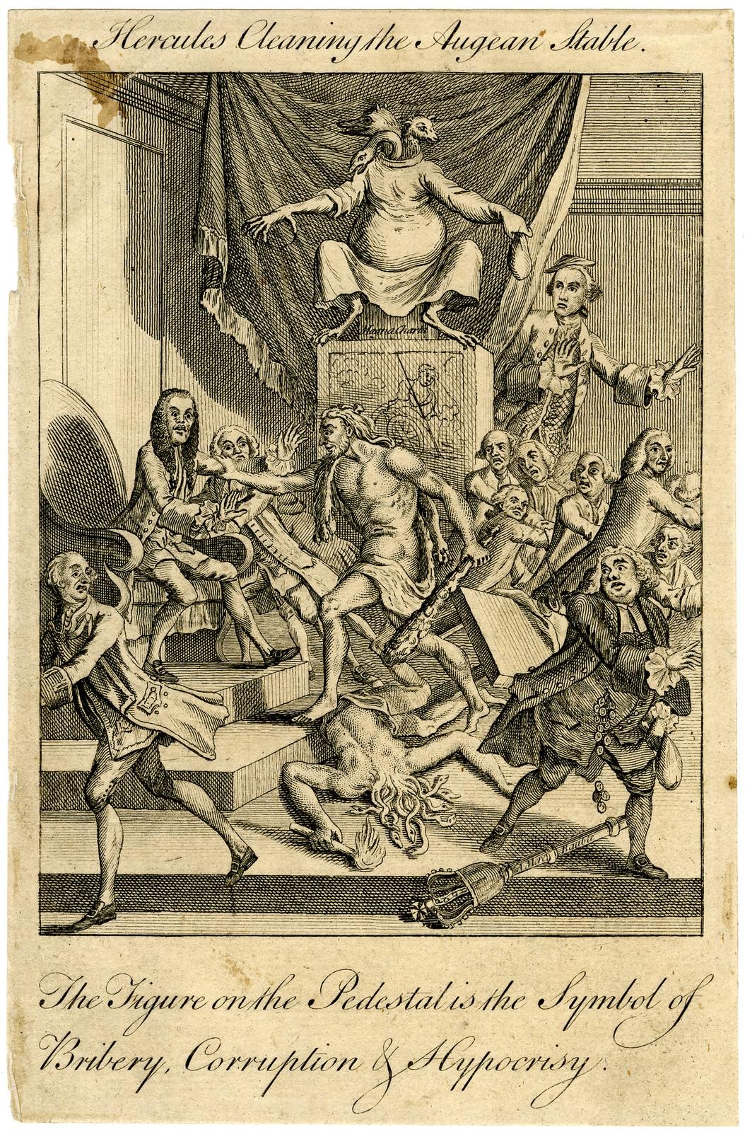 Ein Plakat, das eine Gruppe von Menschen in einem Raum mit einer zentralen Figur zeigt, die auf einem Stuhl sitzt und von Text begleitet wird, der die Figur als Symbol für Bestechung, Korruption und Heuchelei identifiziert.