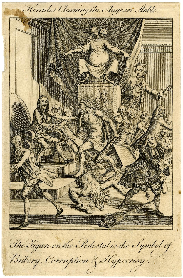 Ein Plakat, das eine Gruppe von Menschen in einem Raum mit einer zentralen Figur zeigt, die auf einem Stuhl sitzt und von Text begleitet wird, der die Figur als Symbol für Bestechung, Korruption und Heuchelei identifiziert.