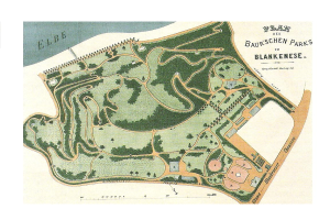 Detailed old map of a park in Blankenese, Germany, showing its layout with text annotations.