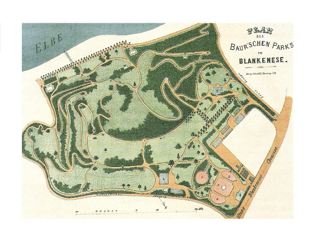 Detailed old map of a park in Blankenese, Germany, showing its layout with text annotations.