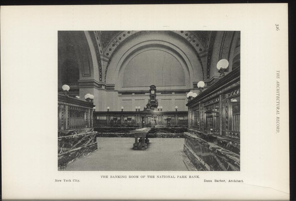 Black and white photograph of the banking room of the National Park Bank in New York City, featuring tables, lights, a wall clock, and text at the bottom.