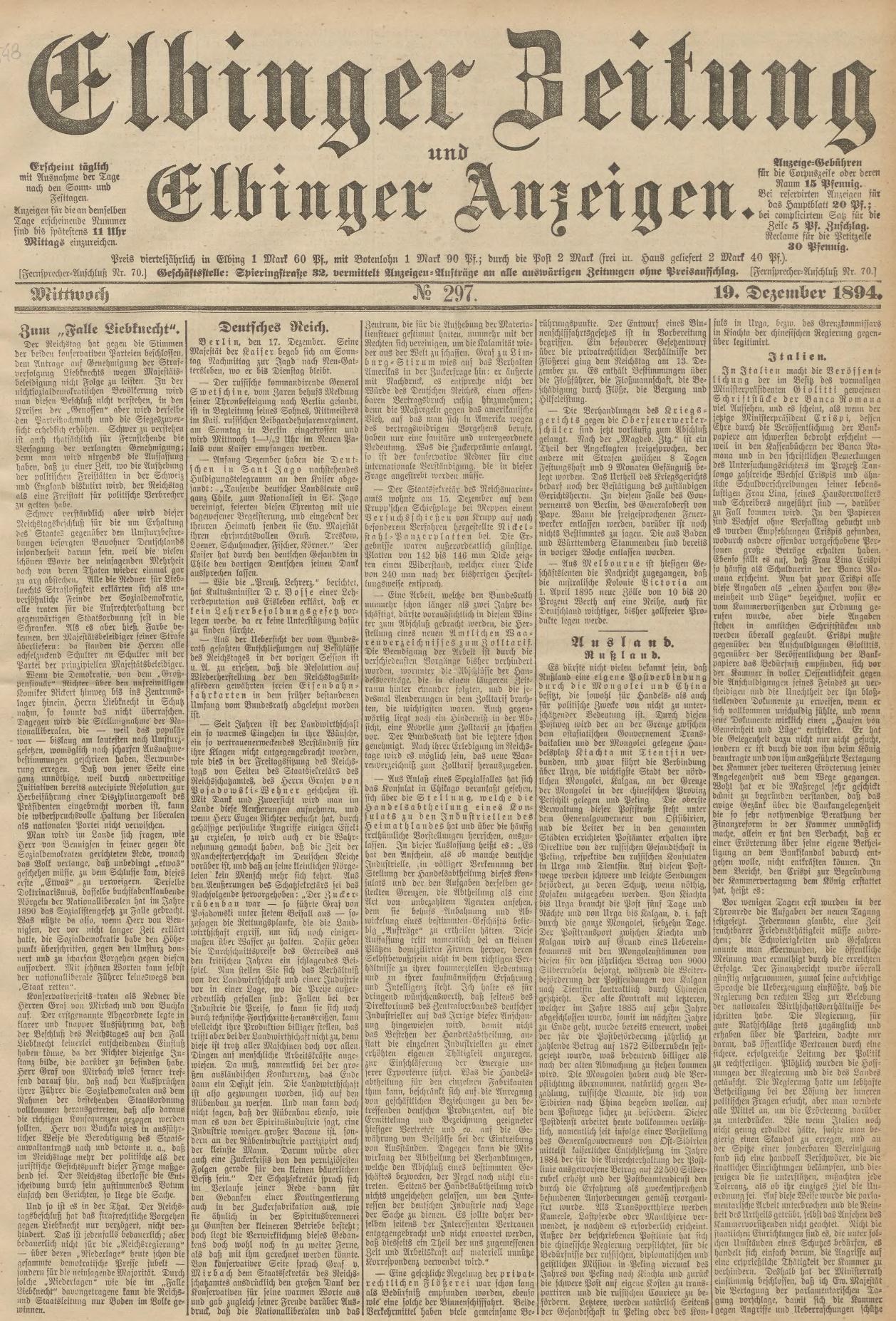 Schwarze und weiße Titelseite der deutschen Zeitung *Elbinger Beitung und Elbinger Anzeigen* vom 19. Dezember 1894, die ein Profilbild eines Mannes zeigt.