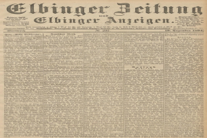 Schwarze und weiße Titelseite der deutschen Zeitung *Elbinger Beitung und Elbinger Anzeigen* vom 19. Dezember 1894, die ein Profilbild eines Mannes zeigt.