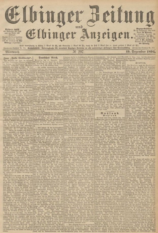 Schwarze und weiße Titelseite der deutschen Zeitung *Elbinger Beitung und Elbinger Anzeigen* vom 19. Dezember 1894, die ein Profilbild eines Mannes zeigt.