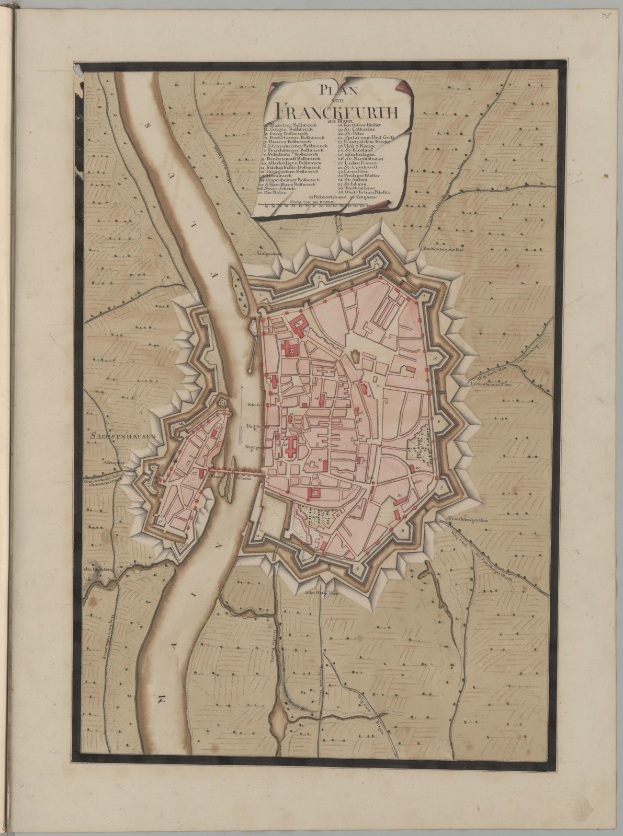 Altes Buch mit einem detaillierten Stadtplan von Frankfurt, Deutschland, der Straßen, Gebäude und Sehenswürdigkeiten zeigt und von Text begleitet wird, der den Plan beschreibt.