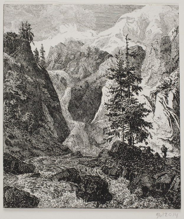 Schwarze und weiße Zeichnung einer Berglandschaft mit einem Wasserfall, der eine felsige Klippe hinabfließt, umgeben von Bäumen und Hügeln, mit Text unten.