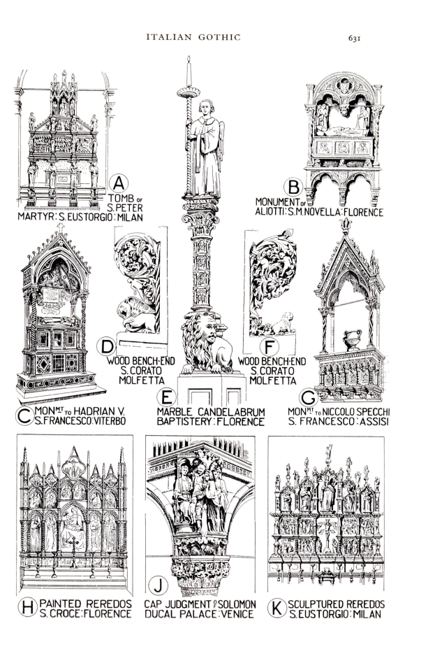 Poster with a detailed drawing of gothic architecture, including intricate sculptures and accompanying text.
