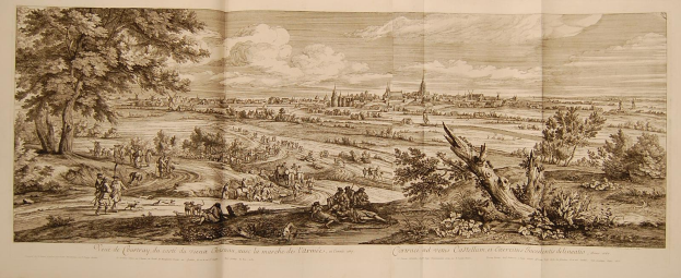 Offenes Buch mit der Aufschrift 'Ansicht der Schlacht von Castellum und Castellium aus der Illustrated London News' mit einer detaillierten Landschaftsillustration mit Menschen, Bäumen, Pflanzen, Gebäuden und Wolken.