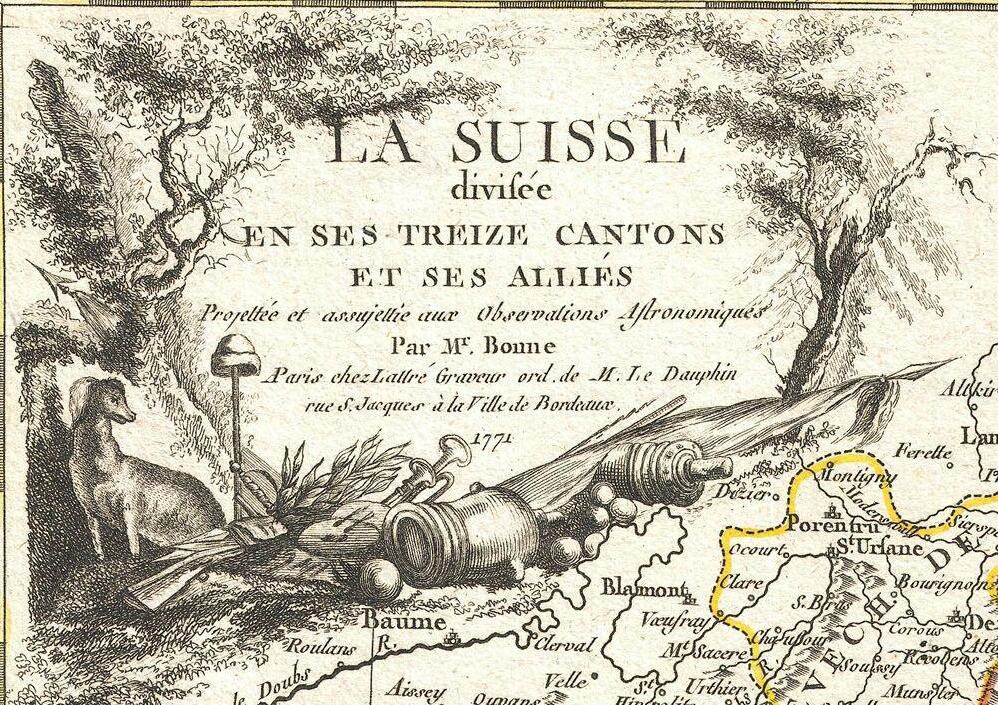 Ein Plakat mit einer Karte der Schweiz, auf der Baumwipfel, Tiere und andere Gegenstände abgebildet sind, sowie ein Text.