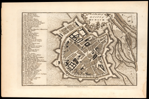 Ein altes Stadtplan von München, Deutschland, mit einem schwarzen Hintergrund, der detaillierte Straßen, Gebäude und Sehenswürdigkeiten zeigt, zusammen mit Text, der zusätzliche Informationen bereitstellt.