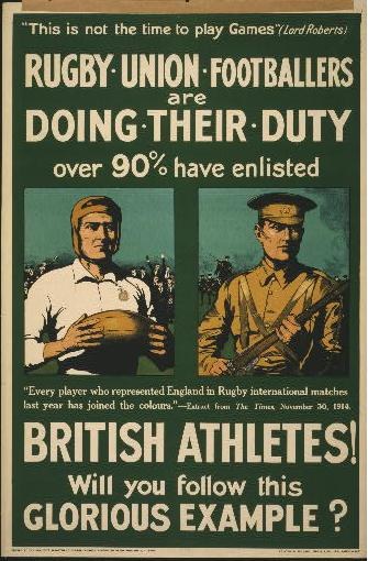 Plakat mit zwei Rugbyspielern in Militäruniform, mit Text über britische Athleten, die sich melden und ihre Pflichten übernehmen.