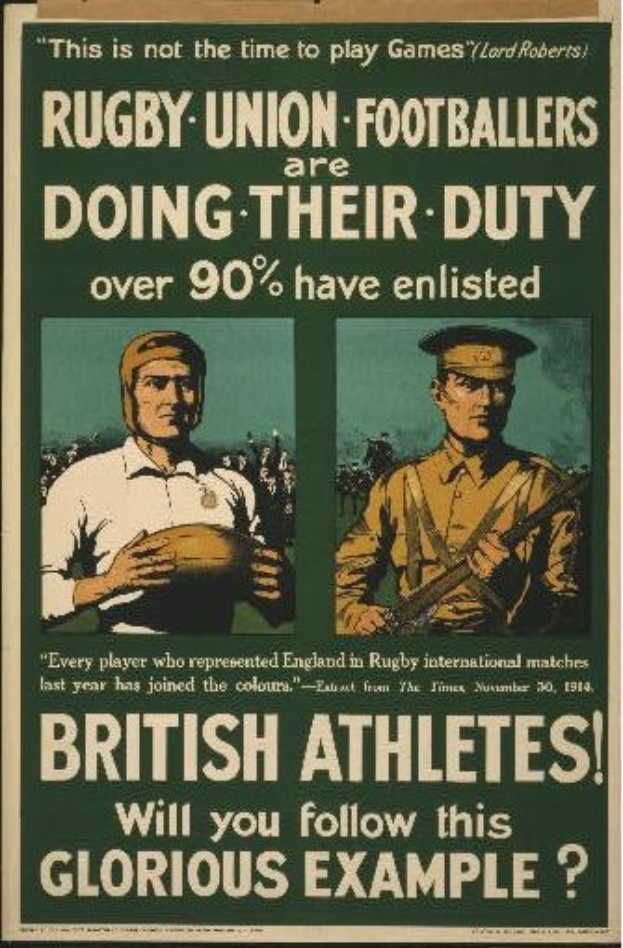 Plakat mit zwei Rugbyspielern in Militäruniform, mit Text über britische Athleten, die sich melden und ihre Pflichten übernehmen.