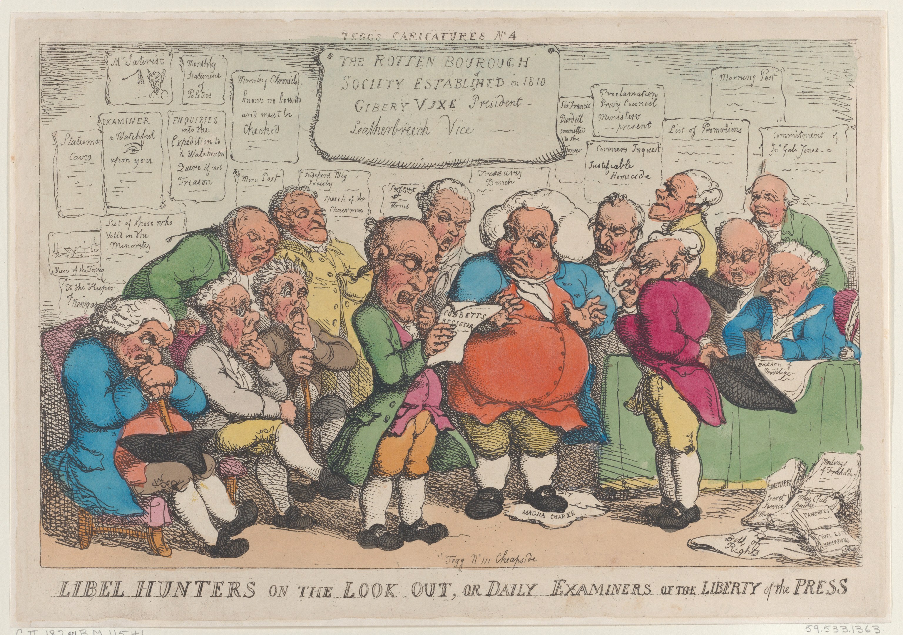 Eine Gruppe von Menschen, die um einen Tisch sitzen, mit Papieren und Gegenständen, einer Person hält ein Papier, mit Text unten: "Libel Hunters on the Look Out, or Daily Examiners of the Liberty of the Press".