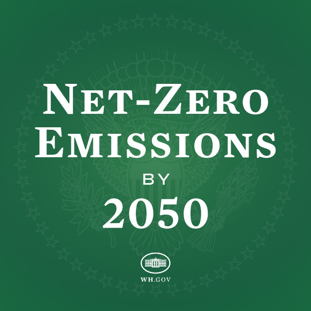 Weißer Text, der "net-zero emissions by 2050" auf einem festen grünen Hintergrund liest.