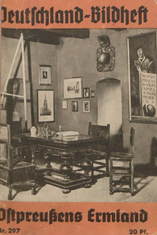 Old book titled "Deutschland-Bildheft - Offpreußens Ermland" from 1927, featuring a cover illustration of a room with chairs, a table, objects on the table, framed photos on the wall, and a ladder.