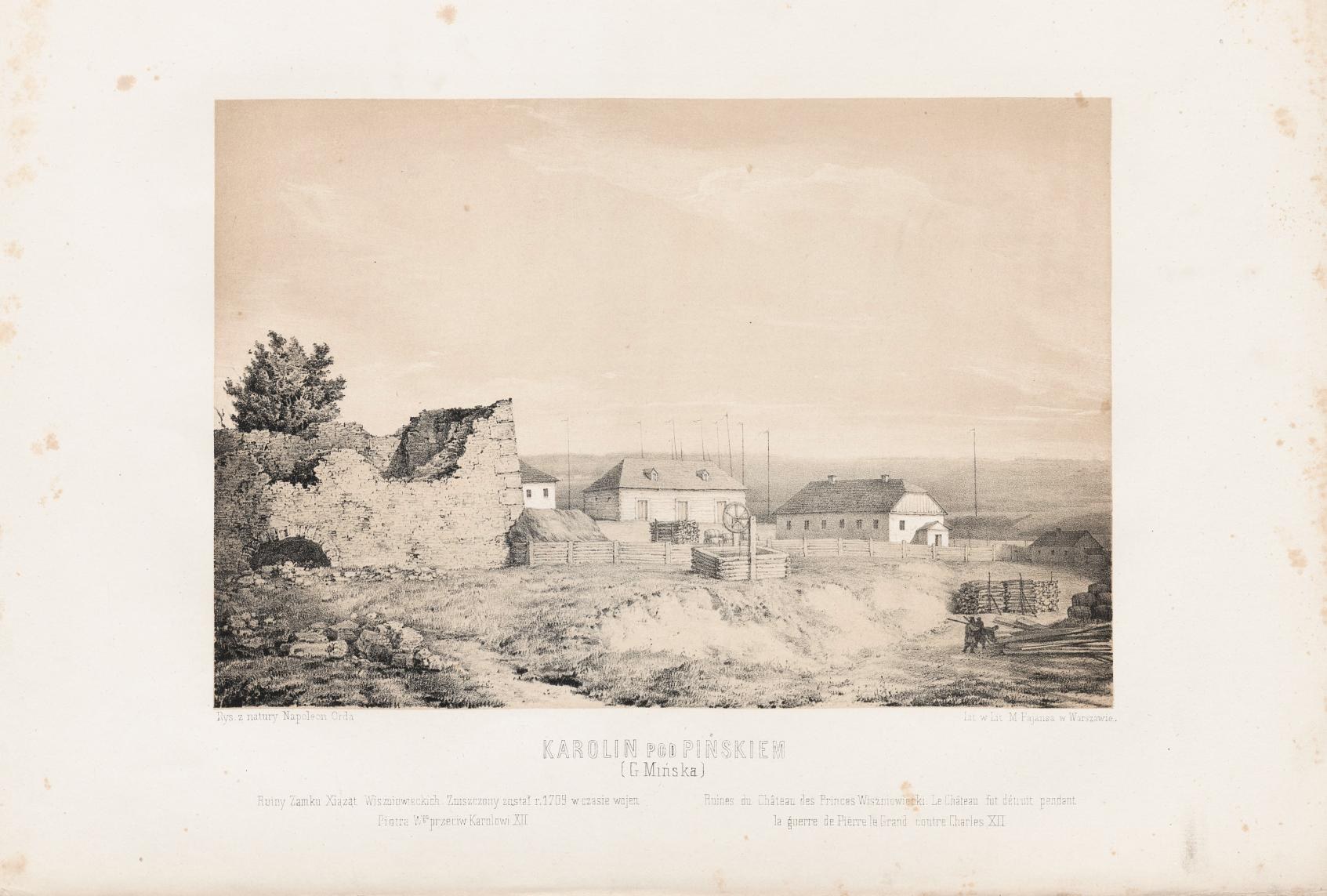 Black and white drawing of a village with houses, trees, poles, and a sky, signed "Karolin von Pinskem [c miska]" at the bottom.