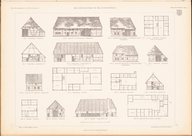 Ein aufgeschlagenes Buch mit detaillierten Plänen und Zeichnungen verschiedener einzigartig entworfener Häuser sowie begleitendem Text.