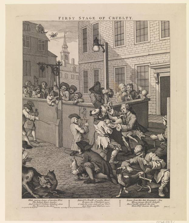 Eine Gruppe von Menschen und Tieren versammelt sich vor einem Gebäude mit Fenstern, einem Lichtmast und einem Himmel; Text unten lautet "Erste Stufe der Grausamkeit".