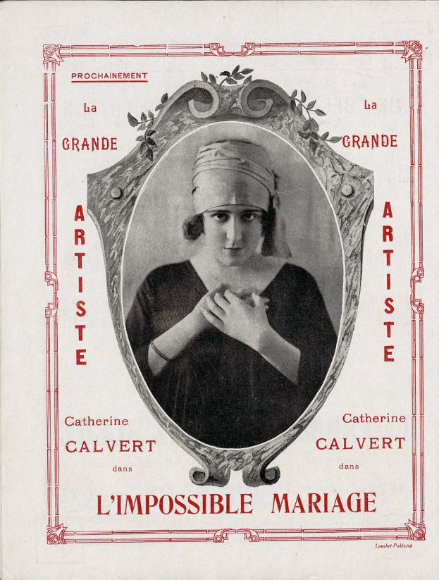 Old book cover featuring a woman in a black dress with a serious expression, white dress underneath, patterned shawl, and light blue background; title reads "Impossible Marriage".