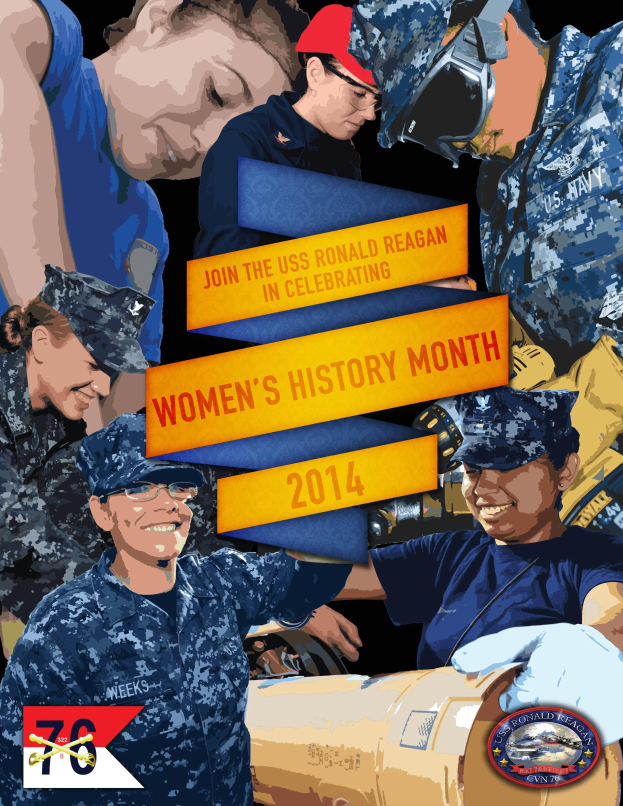 Ein Plakat für den Women's History Month 2014, das eine Gruppe von Menschen in Uniformen und Mützen zeigt, wobei eine Person eine Brille trägt und ein Objekt hält, zusammen mit Text über das Ereignis.