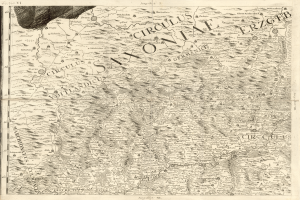 Ein detailliertes altes Saxony-Karte von Deutschland, das geografische Merkmale wie Flüsse, Berge und Städte zeigt, mit begleitendem Text, der Informationen über die Region und ihre Einwohner bereitstellt.