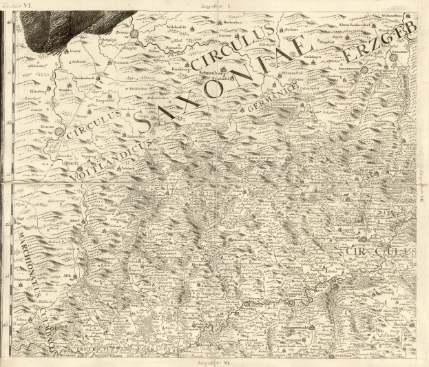 Ein detailliertes altes Saxony-Karte von Deutschland, das geografische Merkmale wie Flüsse, Berge und Städte zeigt, mit begleitendem Text, der Informationen über die Region und ihre Einwohner bereitstellt.