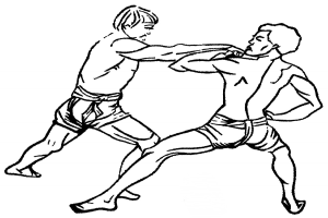 Two people in traditional Thai clothing engaged in a Muay Thai fight, with one throwing a punch.
