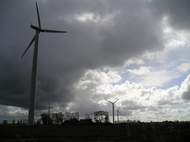 Windmühlen mit Bäumen mit Ästen und Blättern im Vordergrund, Wolken am Himmel und ein Haus im Hintergrund.