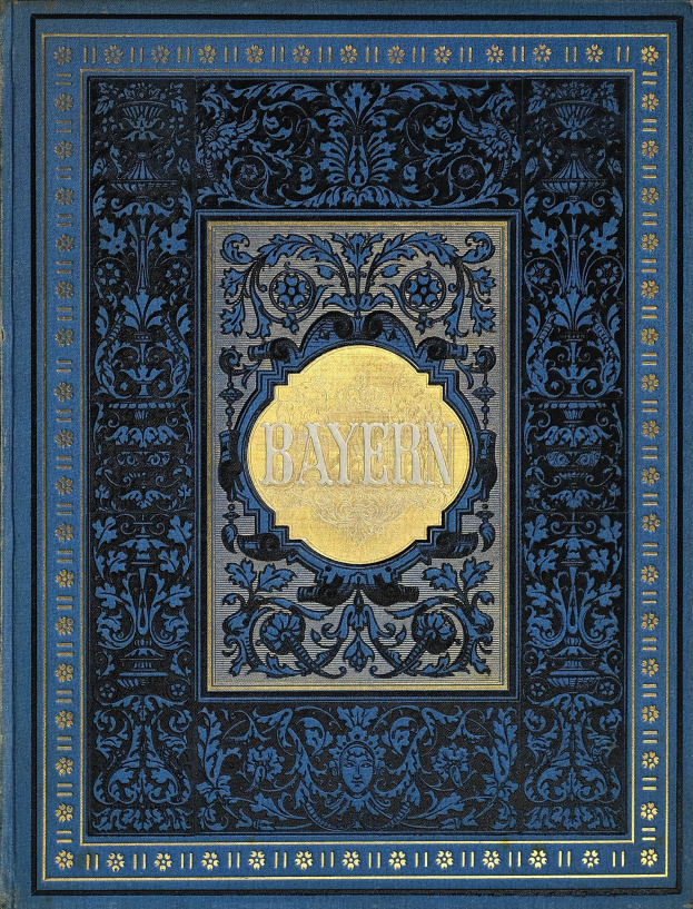 Ein blau-goldenes Buch mit dem Wort "Bayern" auf dem Cover, das mit detailreichen Entwürfen verziert ist.